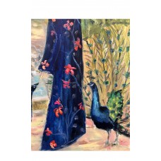 Lady and Peacocks in the Garden, oil painting on canvas 35*45 cm. Chinoiserie aesthetics, artist Marina Stognieva